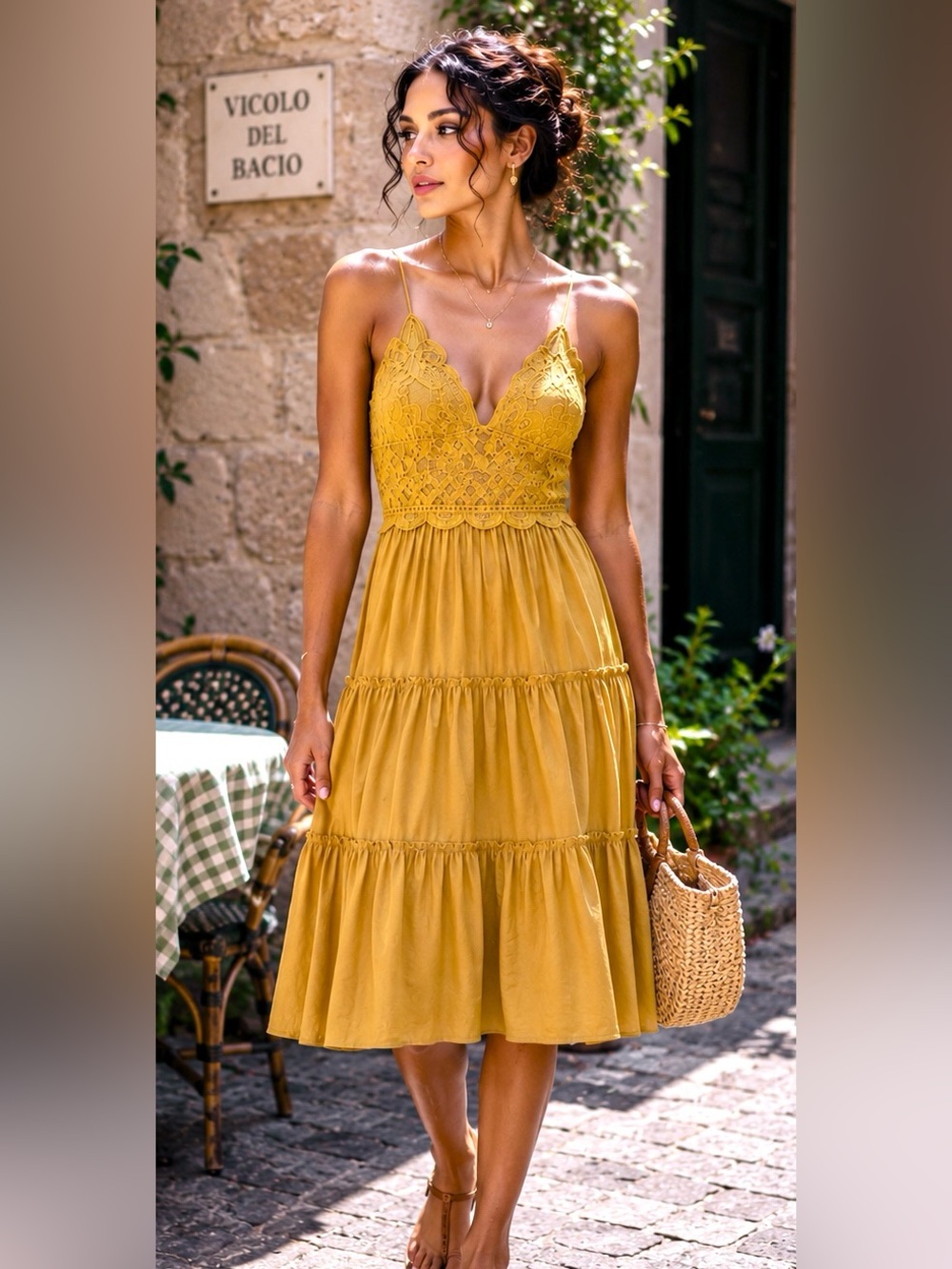 Zenana Mustard Light Tie-Dye Lace Bralette Tiered Dress